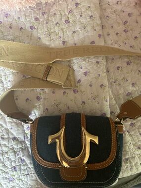 True Religion Dark Blue Denim Crossbody with Tan Trim and Gold Hardware